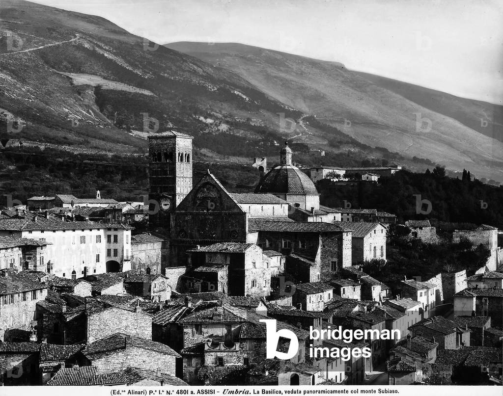 Panoramic view of Assisi, the Basilica is visible in the foreground and Mount Subasio is in the background