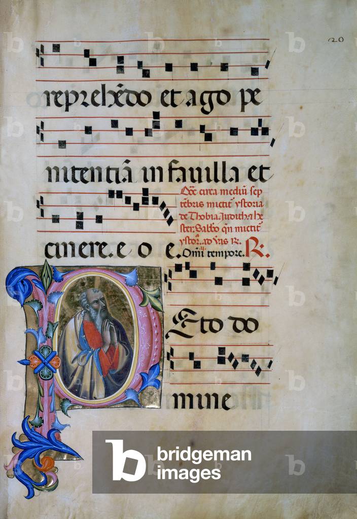 Illuminated initial with the figure of Saint Michael Archangel defeating the demons (Corale 5, c. 105v), for choir book 5 of Santa Maria degli Angeli
