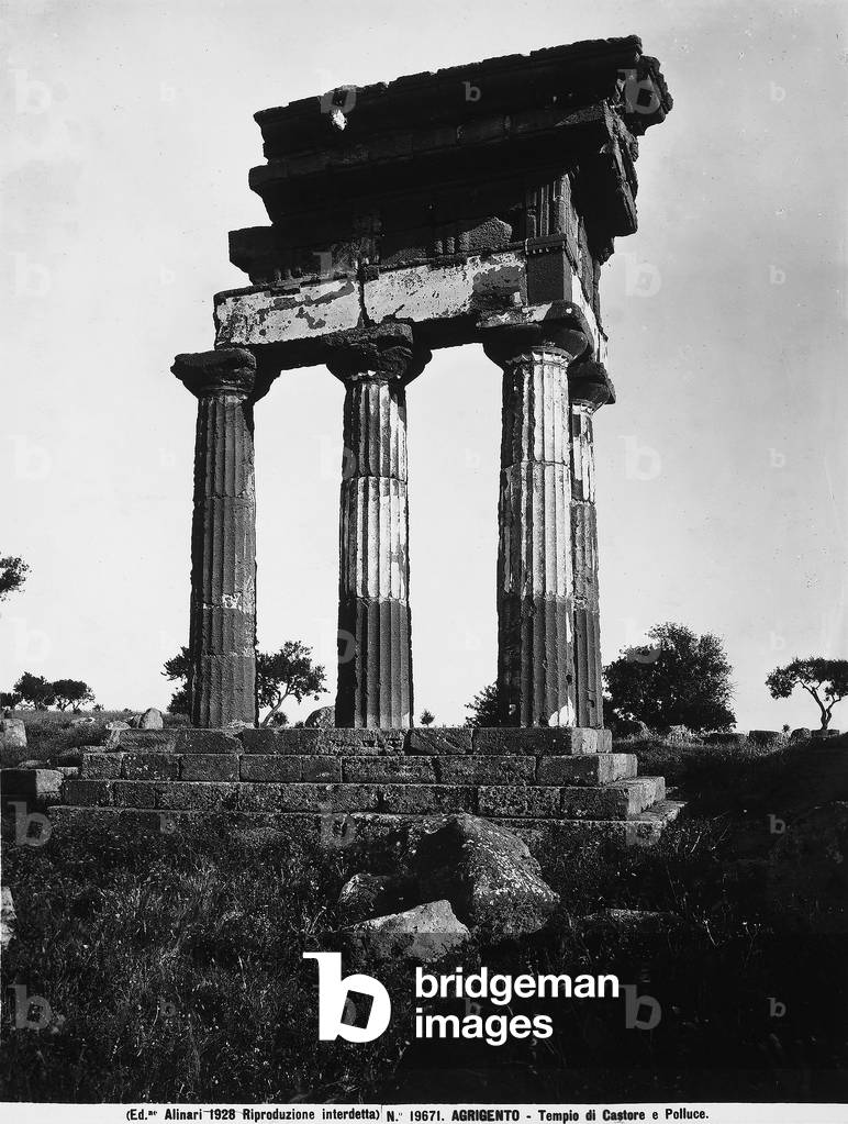 The four remaining columns of the ancient temple of Castor and Pollux in the Valley of the Temples, Agrigento