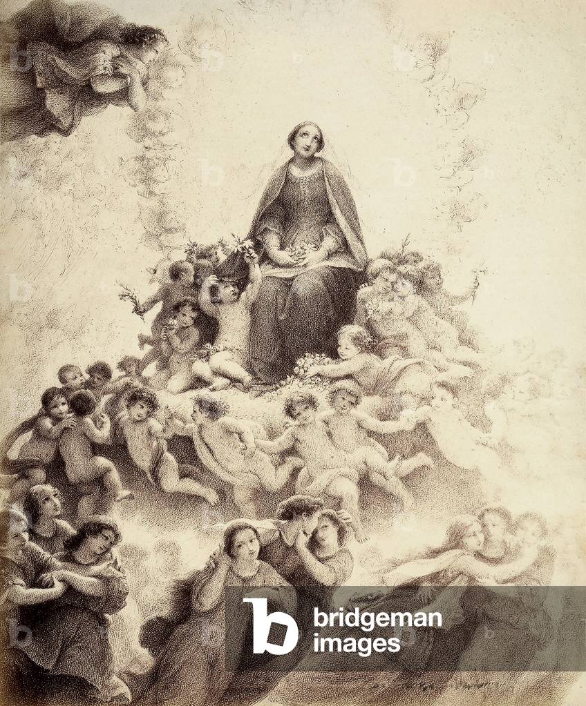 The Virgin seated on a throne, surrounded by festive angels. Illustration of Canto XXXI in Paradiso of The Divine Comedy by Dante Alighieri. Work of Francesco Scaramuzza dedicated to the Municipality of Florence.