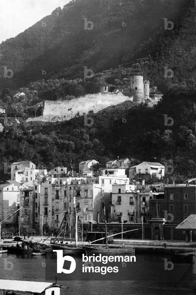 View of the Angevin Castle, Castellammare di Stabia, Campania, Italy, 1930 (b/w photo)