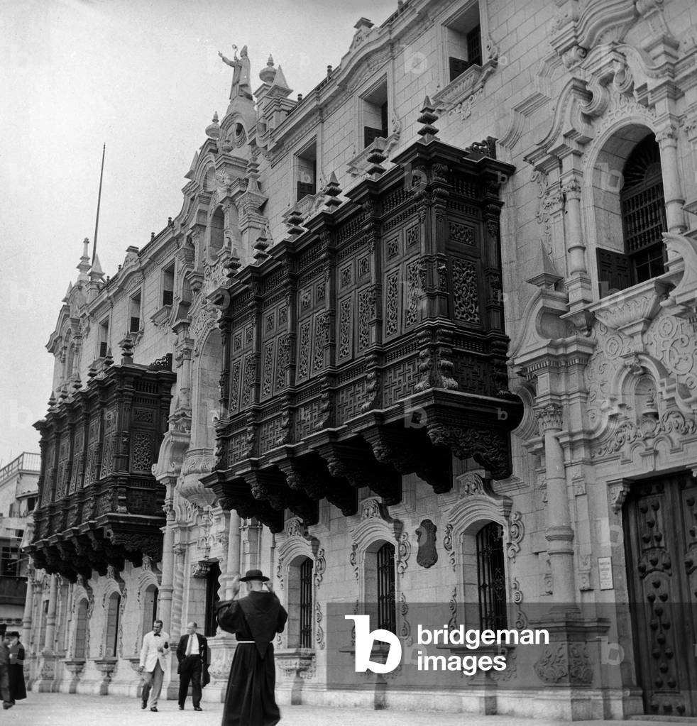 The famous Spanish-style balconies of the Arch Bishop's Palace in Lima, Peru