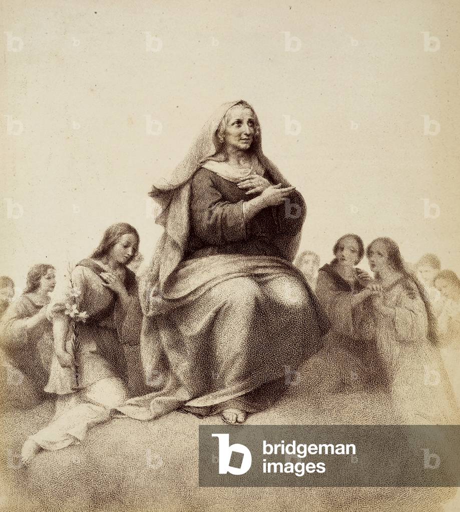 Saint Ann contentedly contemplates her daughter. Illustration of Canto XXXII in Paradiso of The Divine Comedy by Dante Alighieri. Work of Francesco Scaramuzza dedicated to the Municipality of Florence.