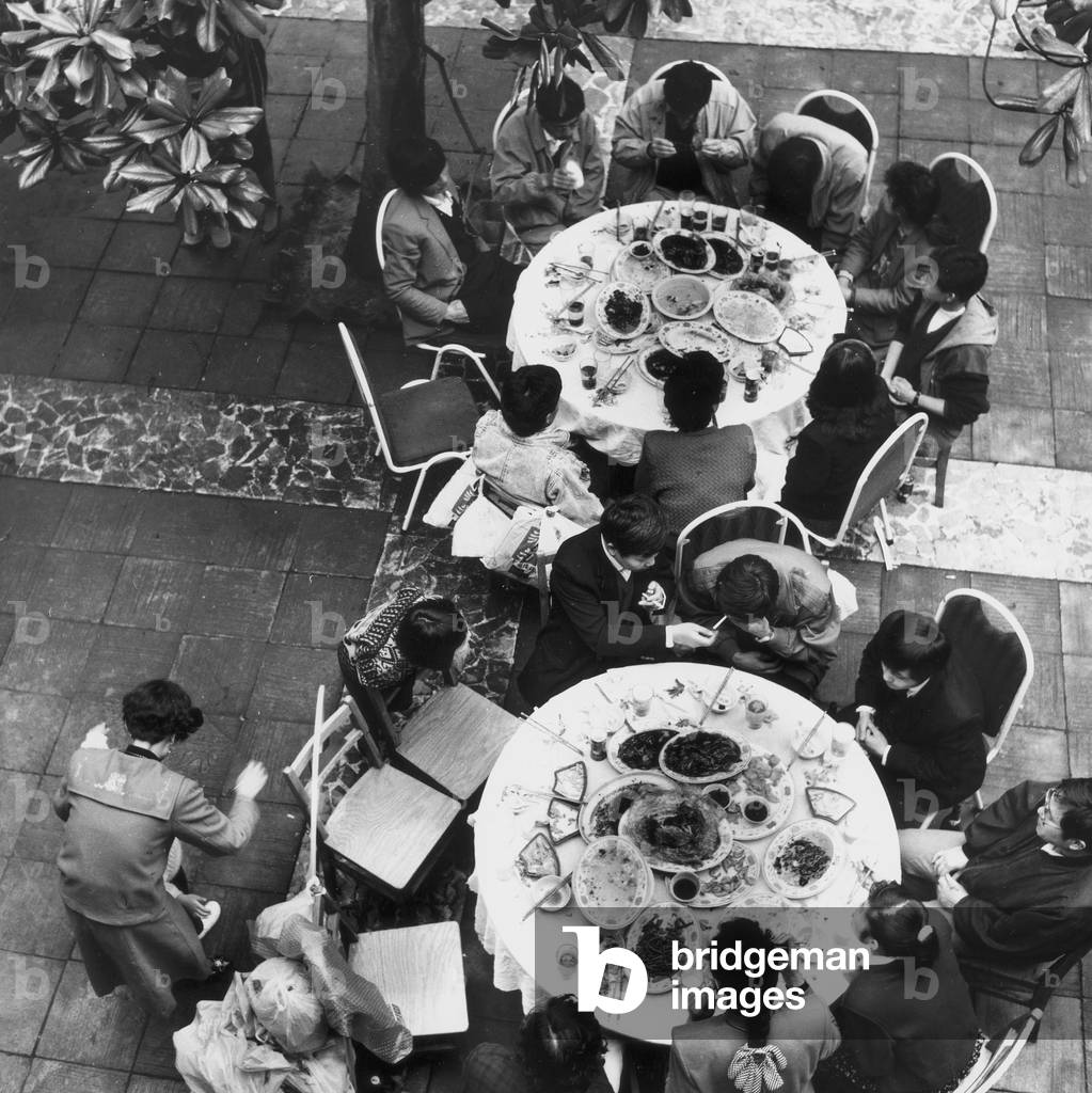 Outdoor dining on the West Lake in Hangzhou (b/w photo)