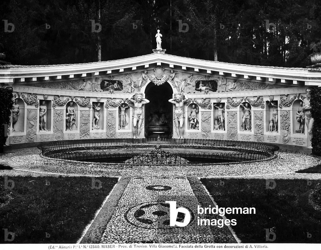 View of the fountain and artificial grotto in the part of Villa Barbaro a Maser, Treviso.