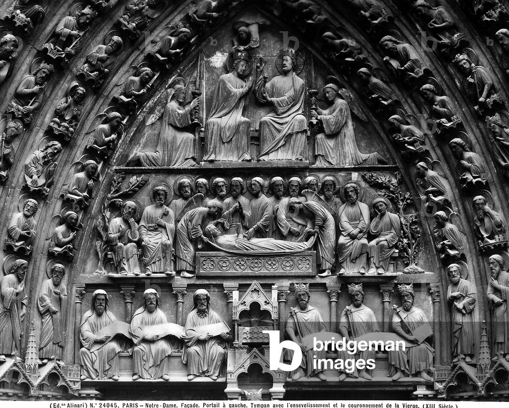 The left portal, called of the Virgin, Cathedral of Notre-Dame, Paris. Detail of the lunette with the Coronation, Death of the Virgin, Prophets and Patriarchs