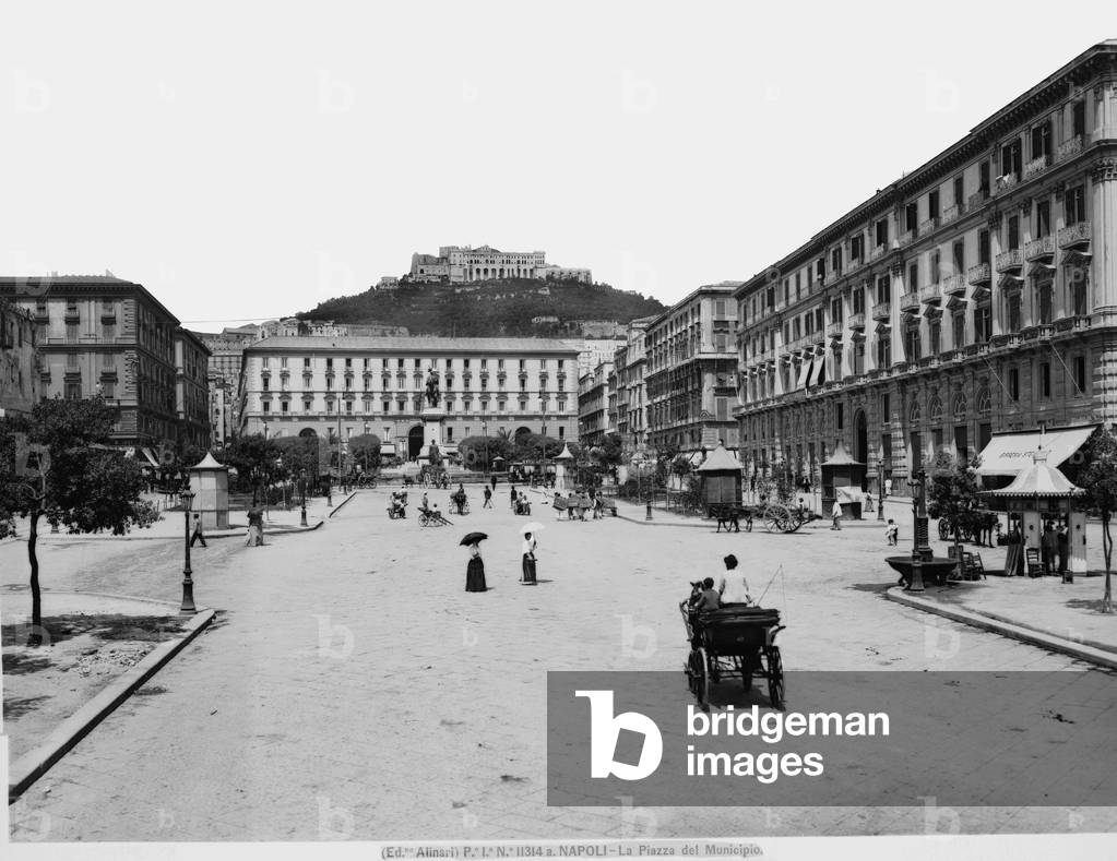 View with people of Piazza del Municipio in Naples