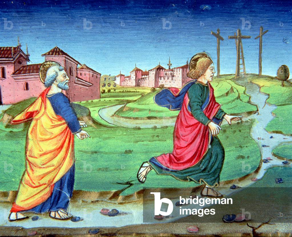 Fol.129vb Mary Magdalene gives the news of the resurrection to Simon Peter (vellum)