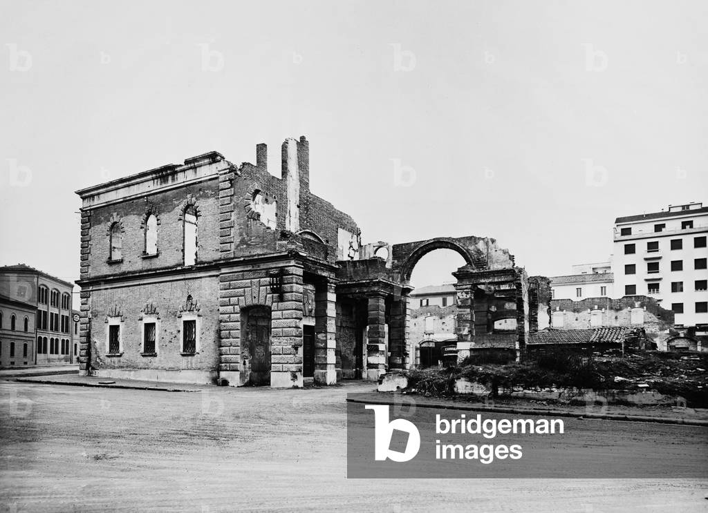 Archiginnasio of Bologna after the bombings (b/w photo)