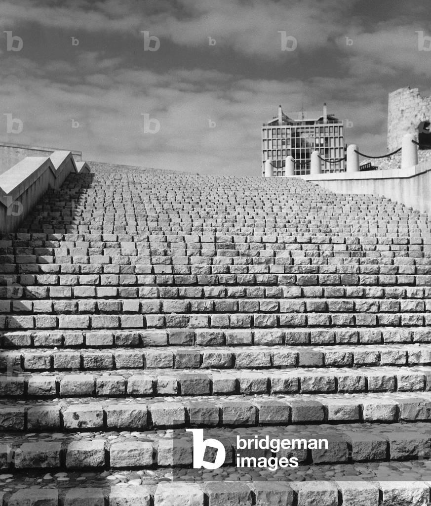 Staircase leading to the Fort St. Nicolas in Marseille (b/w photo)