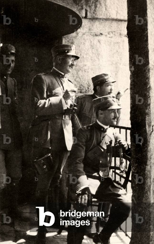 Ugo Ojetti with Colonel Cito di Filomarino and Piero Pirelli on the bell tower of the church of Romans D'Isonzo, Gorizia, Italy, during WWI (b/w photo)