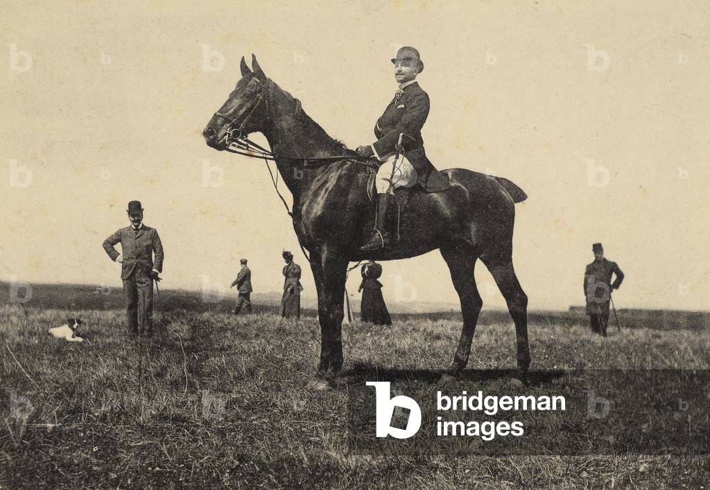 Gabriele d'Annunzio on horseback in the Roman countryside, during a fox hunt