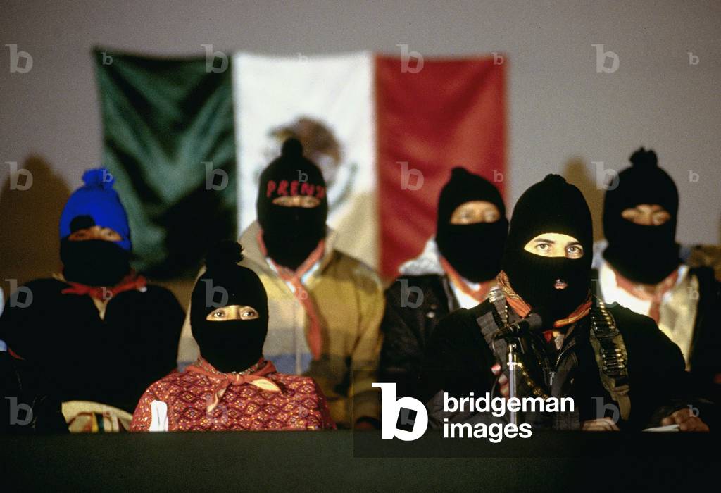 Subcomandante Marcos, Comandante Ramona and leaders of the Zapatista movement, during the talks with the Mexican government. Cathedral of San Cristobal de Las Casas. Zapatista war of 1994, Mexico