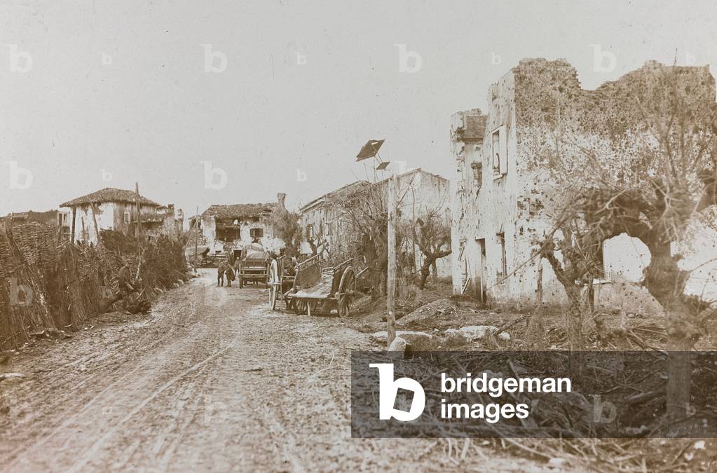 World War I: buildings of Grado, Gorizia, Italy of Merna damaged by bombing (b/w photo)