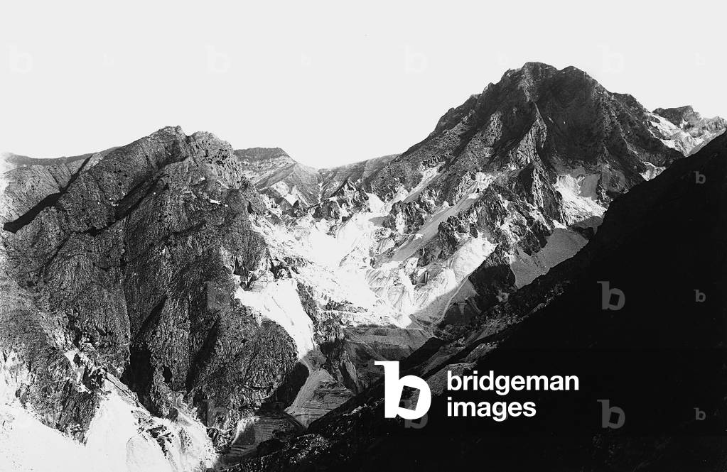 The Fantiscritti marble quarry in the Apuan Alps, in Tuscany, seen from Belgia (b/w photo)