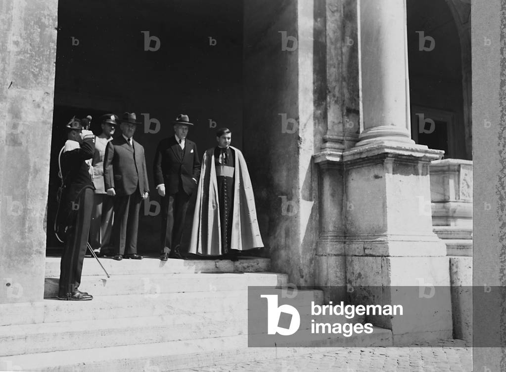 Mr. Henry Lewis Stimson, United States Secretary of War, leaving the Vatican after the audience with Pope Pius XII (b/w photo)