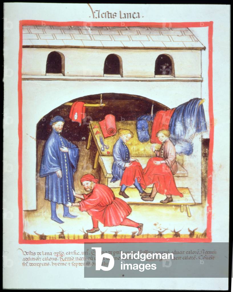Nova 2644 fol.105r The Tailor's: Clothes of Wool, from 'Tacuinum Sanitatis' (vellum)