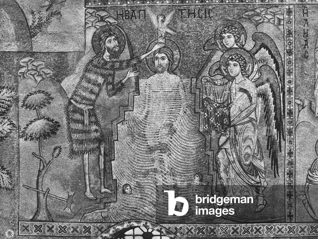 Baptism of Christ by St. John the Baptist (mosaic) (b/w photo)