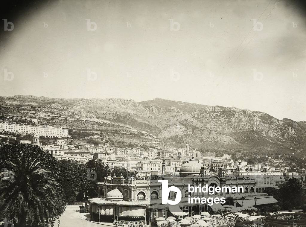 The city of Montecarlo with the Café de Paris in the foreground. Principality of Monaco, France, 1920 ca. (b/w photo)
