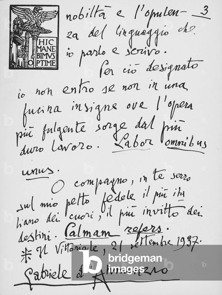 Third page of the letter sent by poet, Gabriele D'Annunzio, to Benito Mussolini, after his enstatement as the President of the Accademia d'Italia. The letter was written from the Vittoriale on September 21, 1937 (b/w photo)