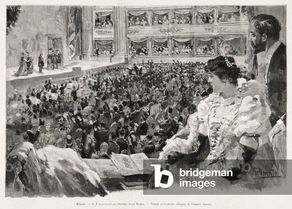 Giuseppe Verdi acclaimed in Teatro della Scala of Milan, following a performance of the opera 'Falstaff', from 