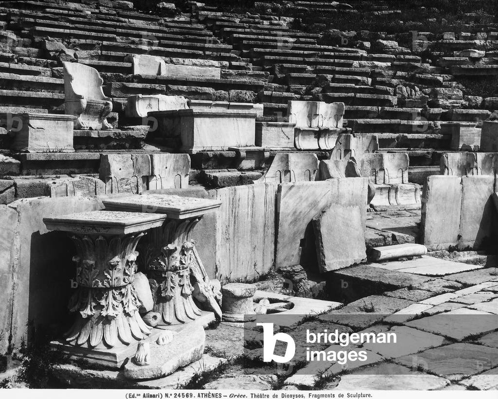 Fragments of marble furnishings, seats and architectural elements in the Theater of Dionysos in Athens