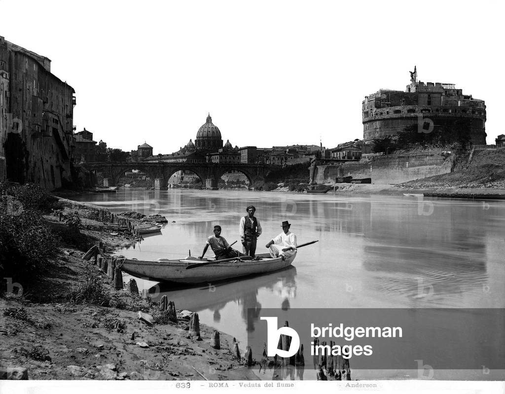 The Tiber with the Castel Sant'Angelo and the dome of S. Pietro in the background, Rome, Italy (b/w photo)