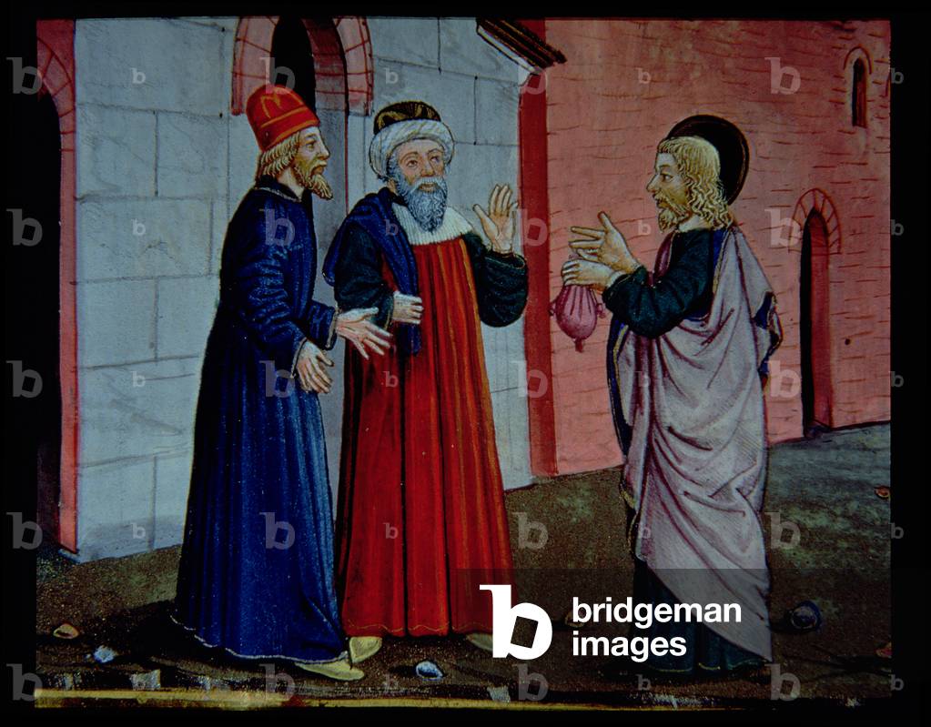 Fol.109v Judas goes to the priests saying that he has betrayed the innocent blood of Christ (vellum)