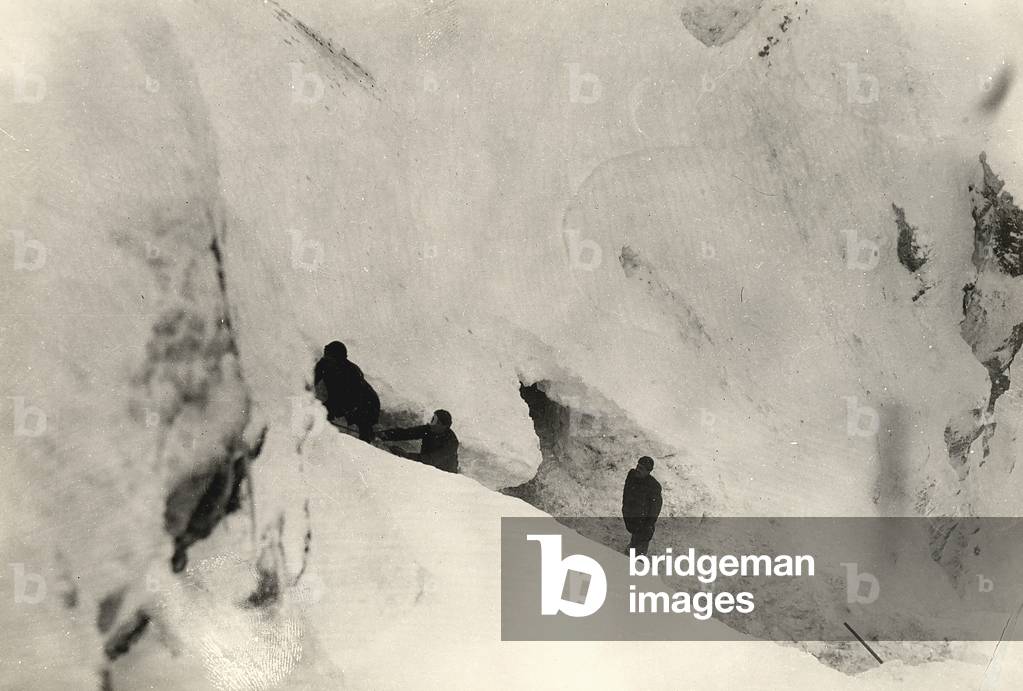 Snow caves on Monte Nero during World War I (b/w photo)