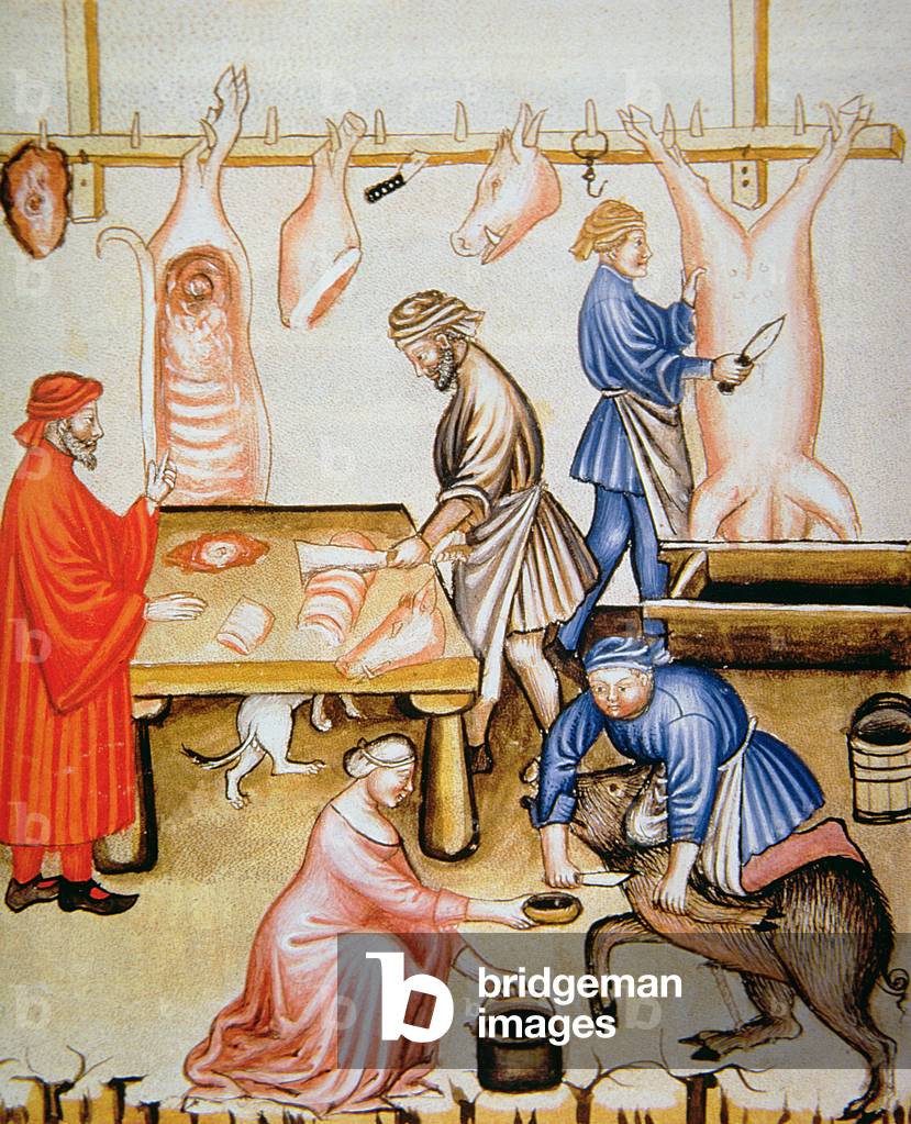 Fol.74v The Butcher's: Pig Meat, illustration from 'Tacuinum Santiatis Codex Vindobonensis' (vellum)