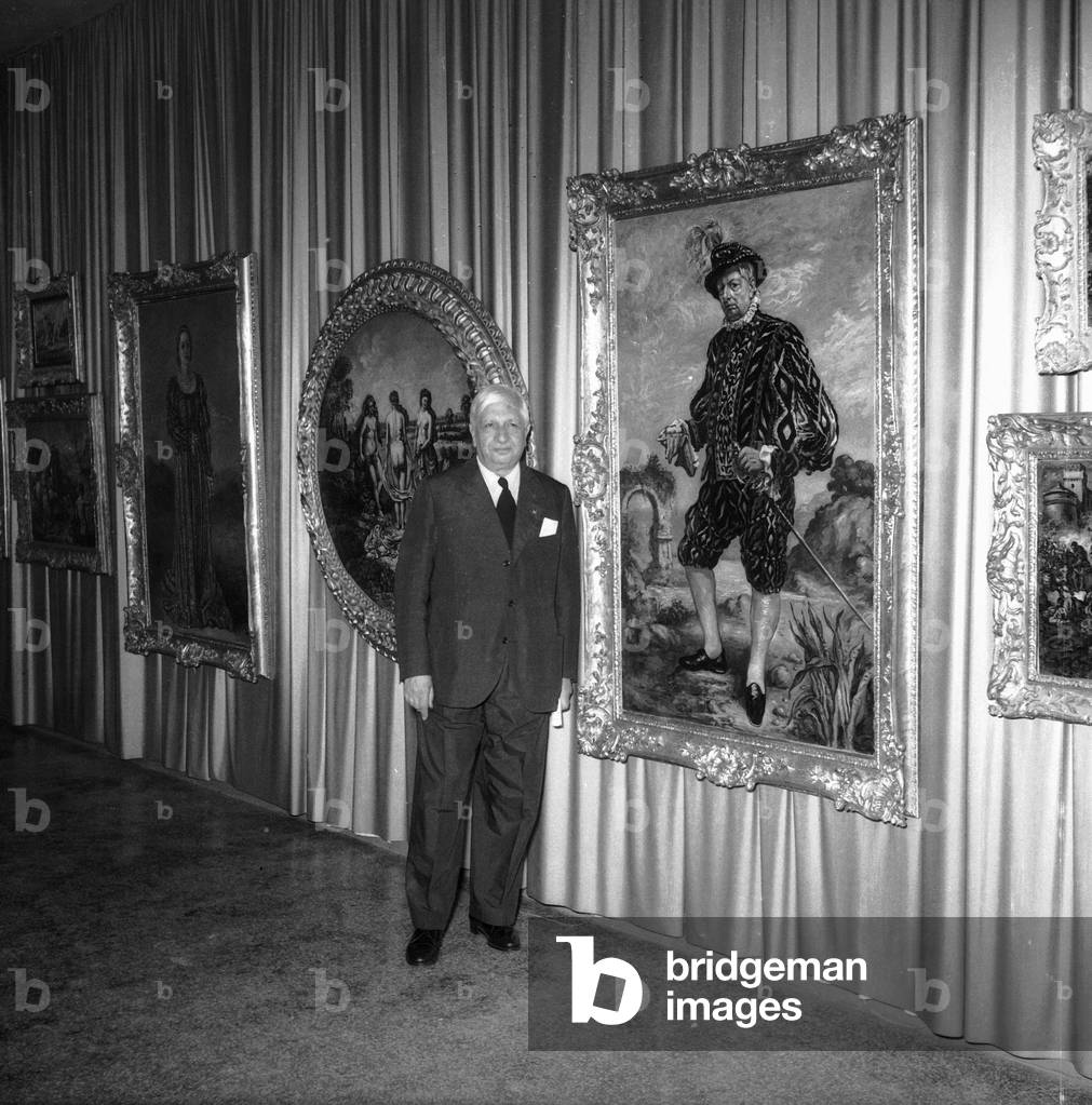 Inauguration of the Exhibition of Giorgio De Chirico at the Reale Società Canottieri Bucintoro, Dorsoduro, Venice, 28/06/1956 (b/w photo)