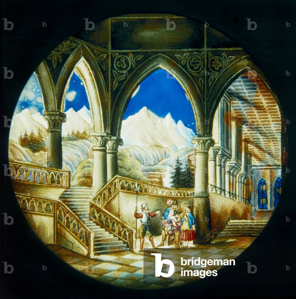 Plate painted by hand, for Magic Lantern made in Germany, depicting an interior view of a palace and a landscape, first half of 19th century