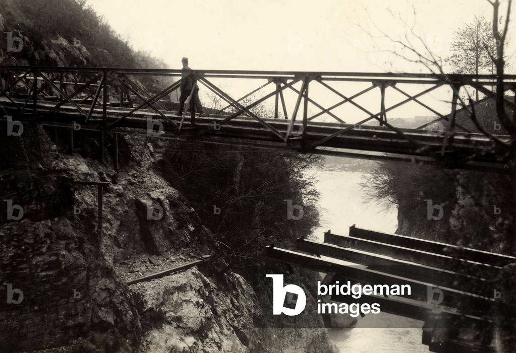 The Isonzo River at the slopes of Monte Nero, towards Caporetto, during World War I (b/w photo)