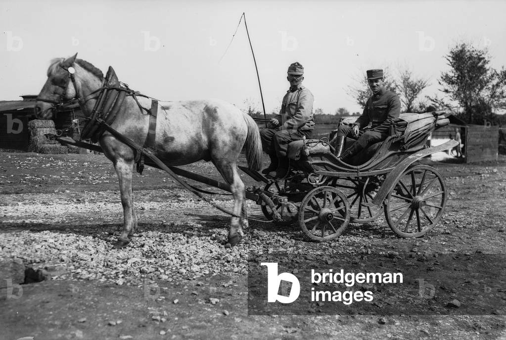 First World War: cart with two soldiers (b/w photo)