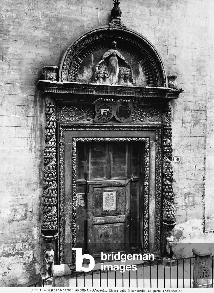 Doorway of the modern church of S. Maria della Misericordia, Ancona, by Marino di Marco Cedrino. Originally located the antique church of S. Maria della Misericordia destroyed in wartime