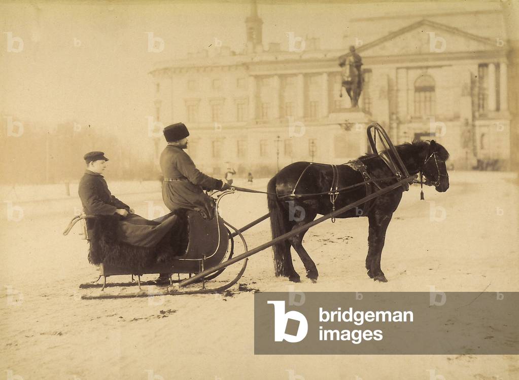 Two men sitting on a sleigh in a square in Moscow, 1880, 1880-1880 (print on double-weight paper)