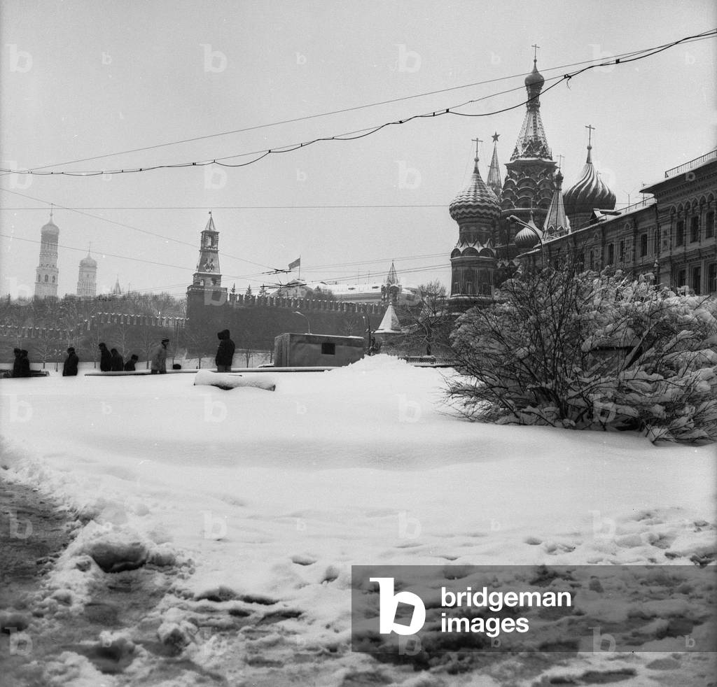 Red Square in Moscow with snow (b/w photo)