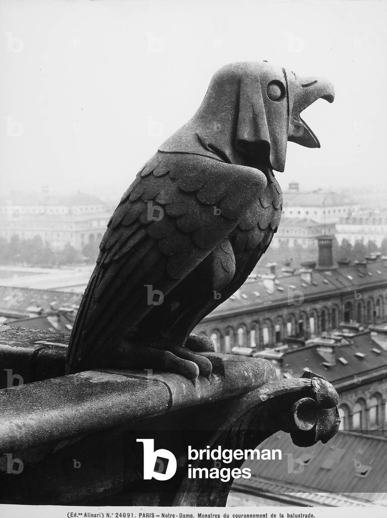 Monstrous figure, sculpture located on crown of a balustrade of the Cathedral of Notre-Dame, Paris