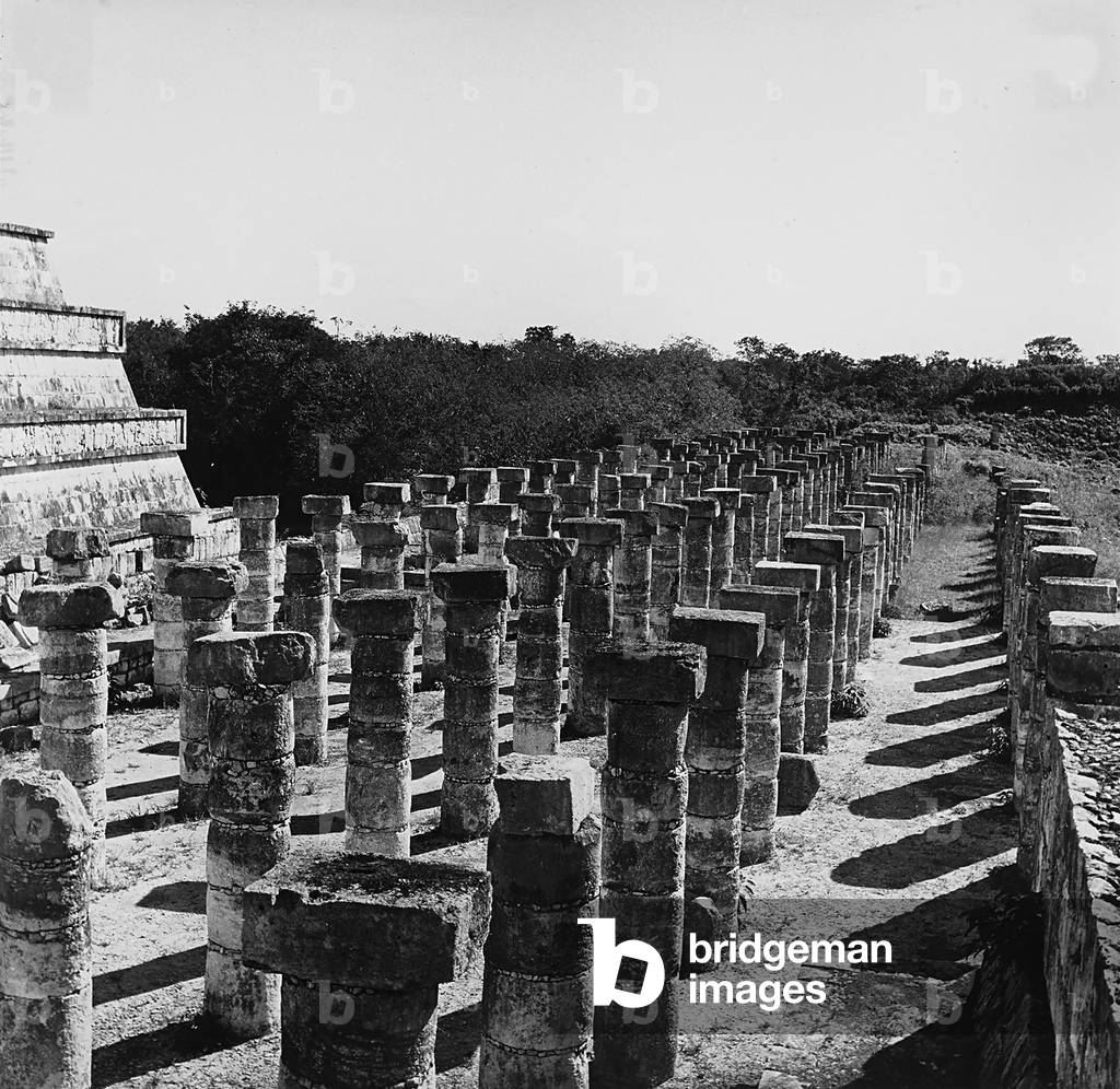 Remains of the columns of the Portico of the Templo del los Geuerrors in Chichen Itza (seen from above)