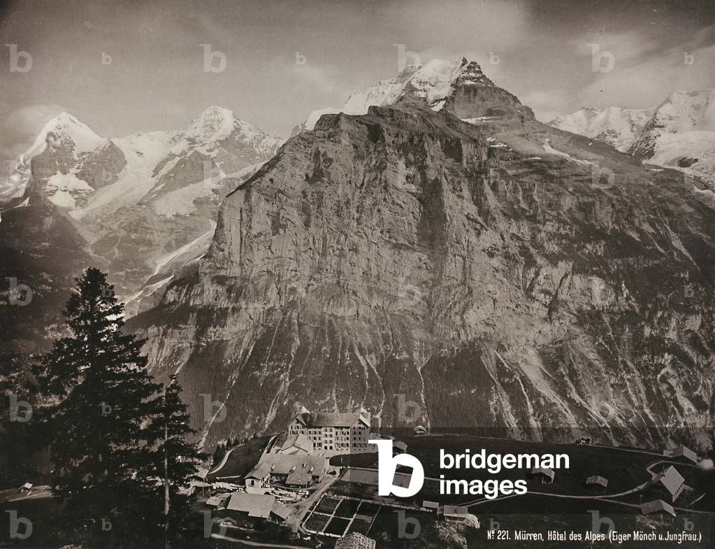 View of the Jungfrau in the Bernese Alps, with the Hotel des Alpes in Mürren