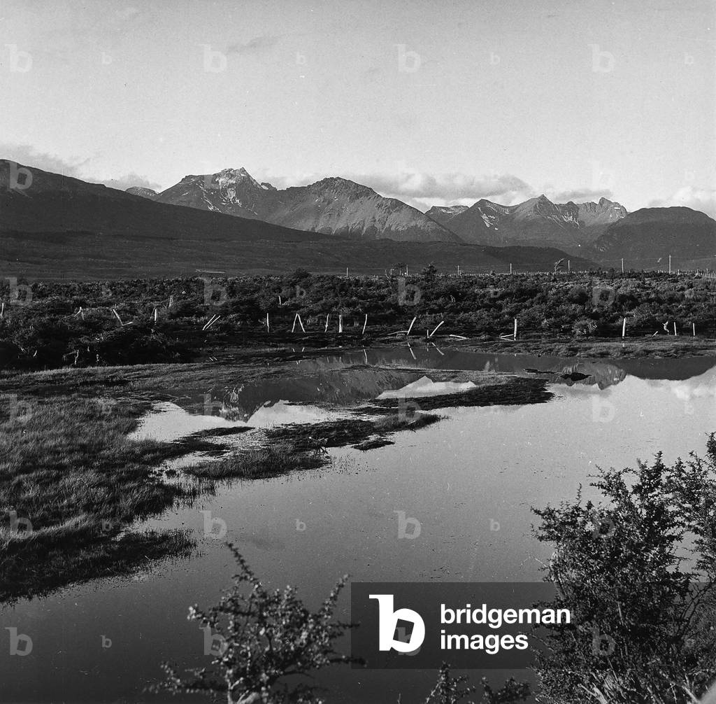 Patagonian landscape. An imposing mountain chain is in the background