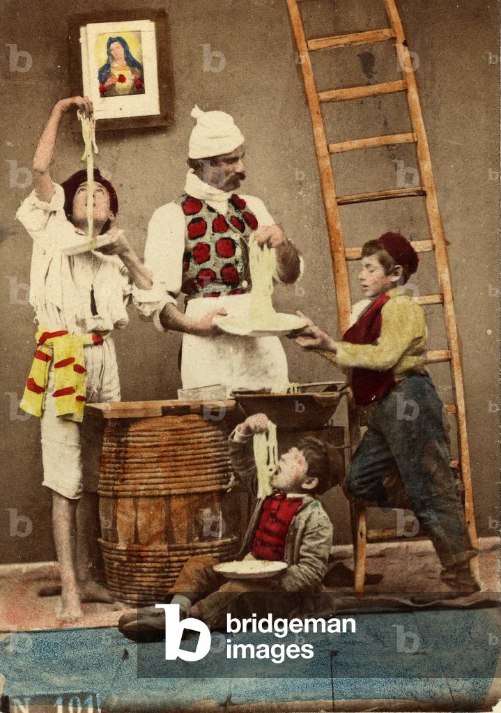 Childs eat the spaghetti with hands, Naples, c.1865 (print on double-weight paper)