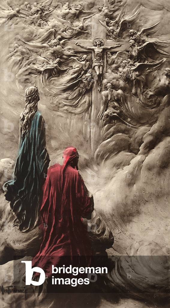 Dante and Beatrice see Christ crucified in the frimament, surrounded by angels. Sculpture by Mastroianni depicting an episode from the Paradiso of The Divine Comedy.