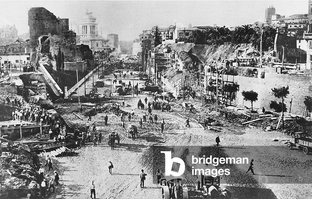 The Via dei Fori Imperiali during the construction according to Mussolini's plan of urban restructurization (b/w photo)