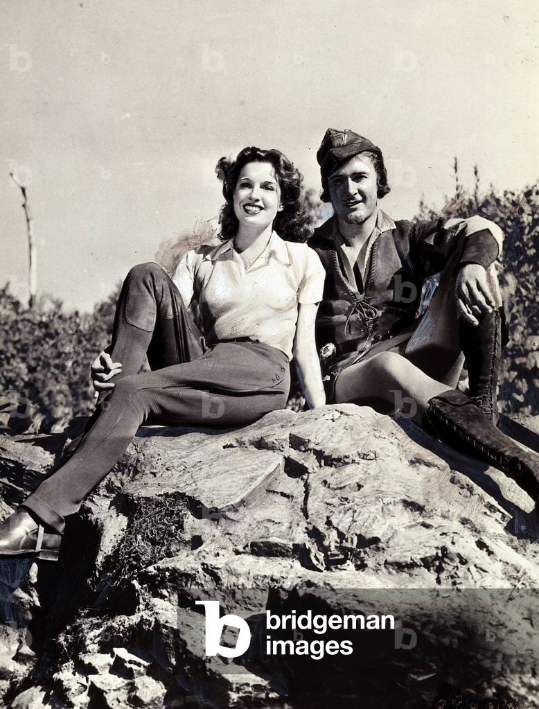 Portrait of the actor Errol Flynn with his wife Lily Danita, during the filming of 