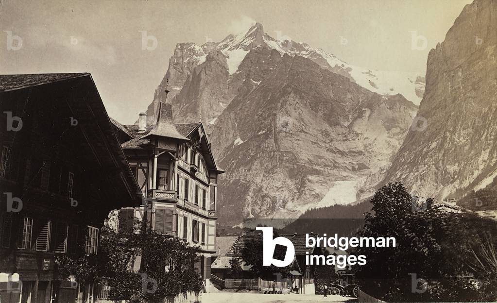 The valley of Grindelwald, Switzerland, with the façade of the Hotel de l'Aigle on the left