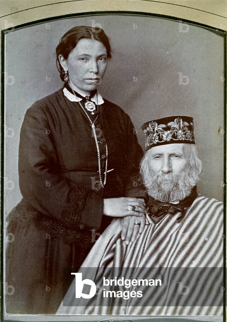 Portrait of Giuseppe Garibaldi and his third wife Francesca Armosino. The famous condottiere is seated. His wife is standing next to him, her hands resting on the right shoulder of her husband