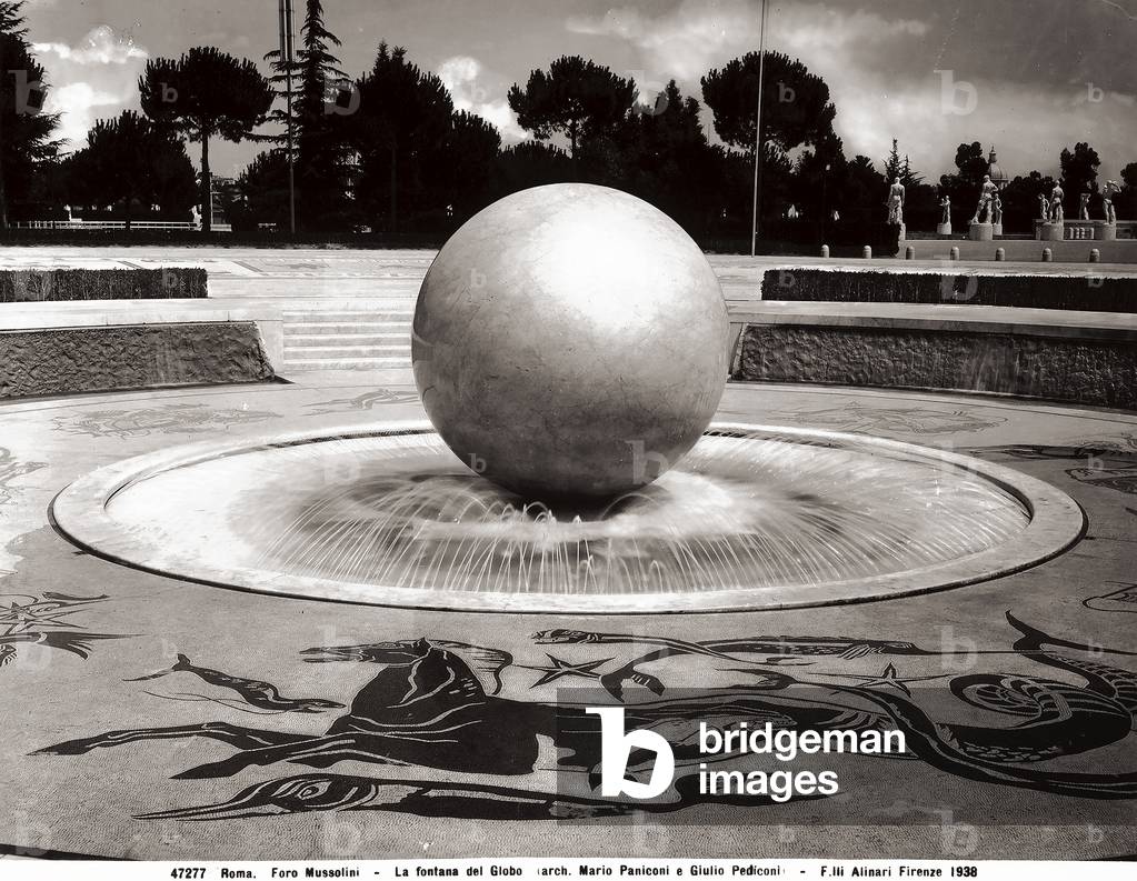 The fountain of the Sphere, sculptural work by Mario Panicioni and Giulio Pediconi, in the centre of the big square of the Italian Forum (formerly Mussolini Forum), in Rome