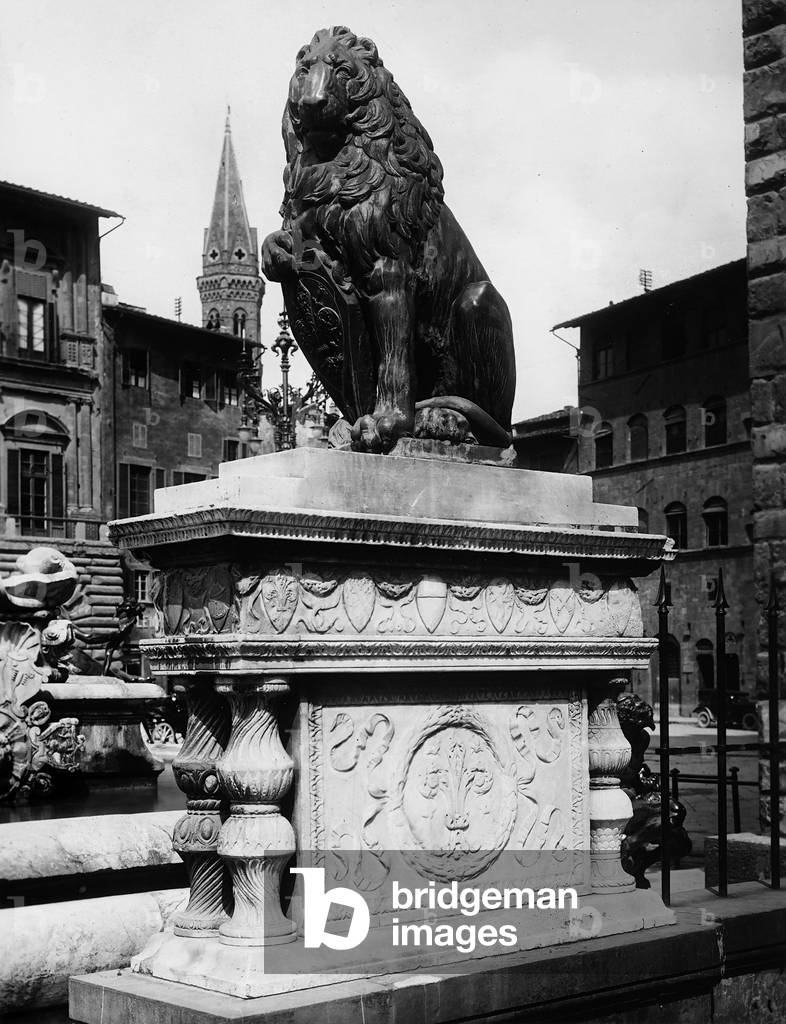 The Marzocco, pietra serena statue by Donatello, located in front of the Palazzo Vecchio in Florence until 1885 when it was moved to the Museo Nazionale del Bargello