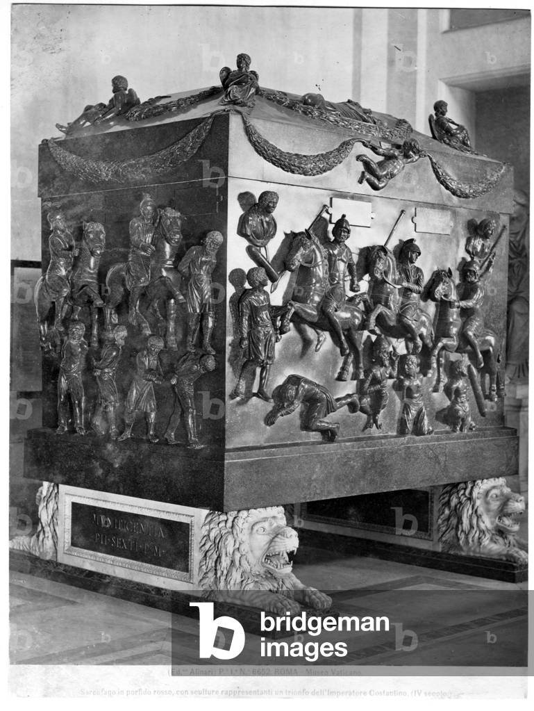 Sarcophagus of St. Helena depicting Roman cavaliers and Barbarian prisoners (porphyry) (b/w photo)